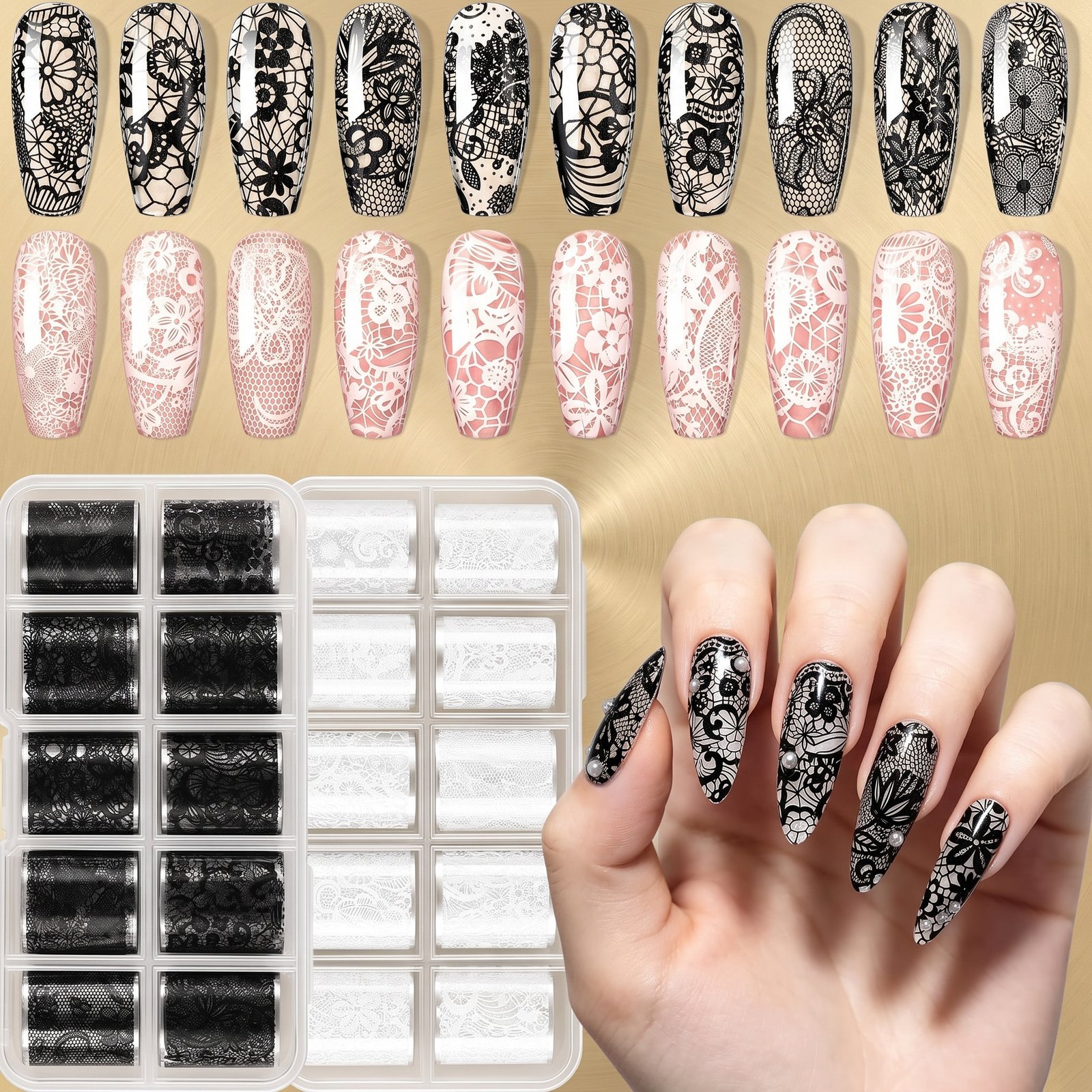 Black and white lace nail examples with foil trays and a lace manicure, on a gold background