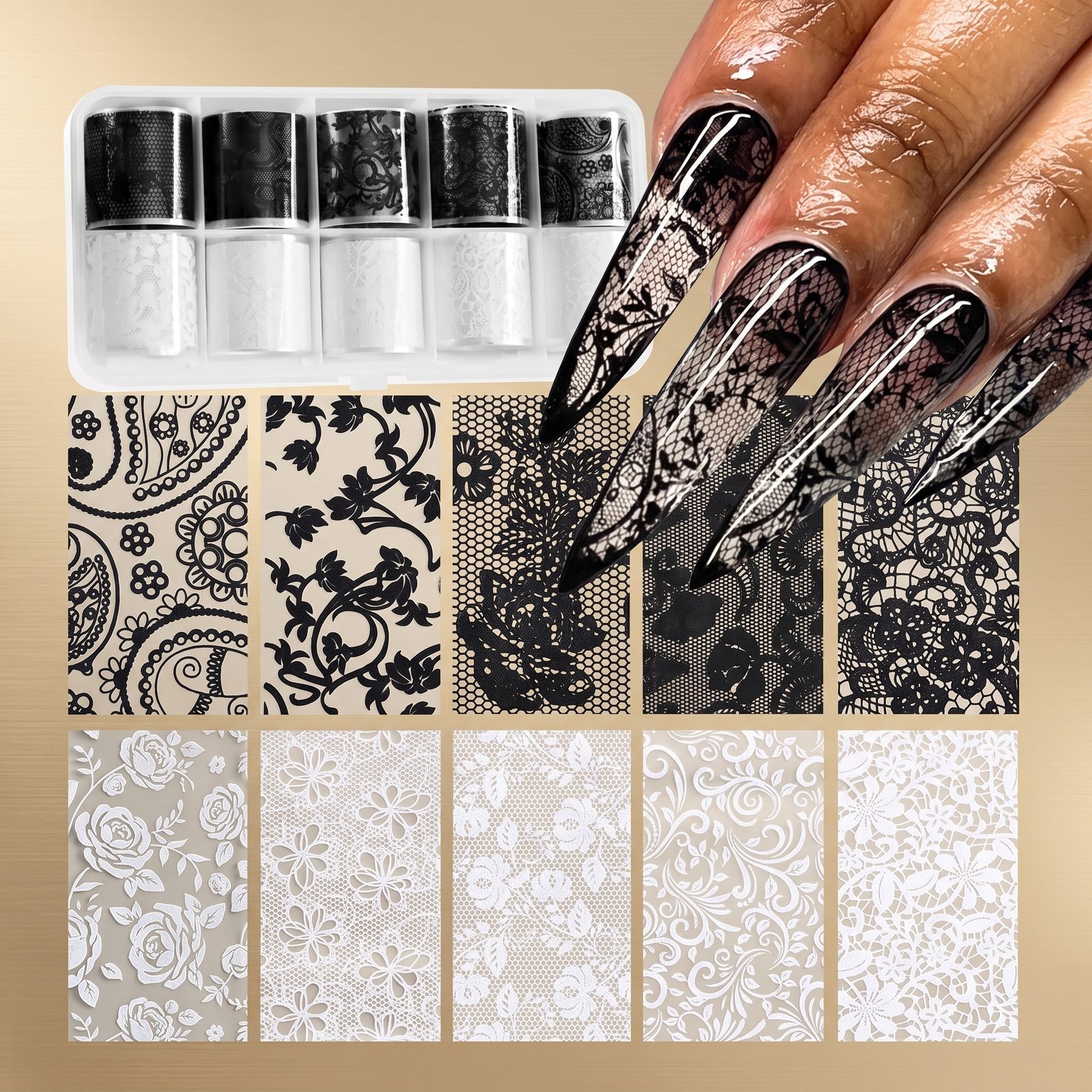 Lace foil tray with black and white pattern swatches and long lace nails, on a gold background